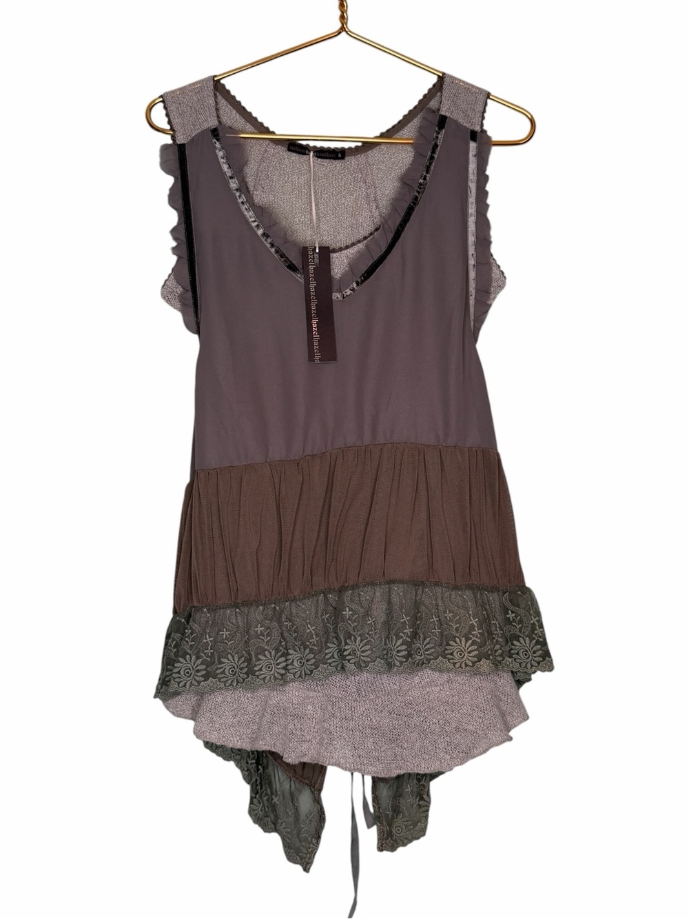 Anthropology Hazel Ruffled V-Neck Layered Tank in Taupe Gray with Velvet Trim